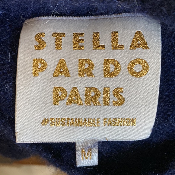 STELLA PARDO SWEATER FIORELLA HAND KNIT CROCHET SLEEVES NAVY MEDIUM EXCELLENT - Picture 2 of 8